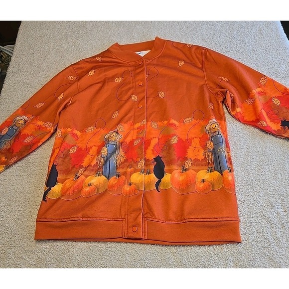 VTG BLAIR Women's Scarecrow And Pumpkins Snap Up Sweatshirt Jacket size L Orange - Picture 8 of 13